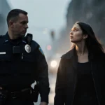 ICE agent confronts woman on city street with harsh light showing fear and defiance