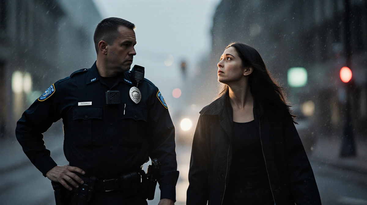 ICE agent confronts woman on city street with harsh light showing fear and defiance