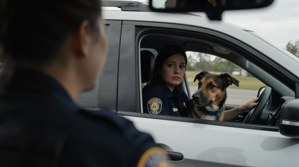 ICE agent's vehicle circles Honda Pilot with Renee standing outside and dog watching from backseat