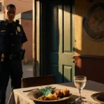 ICE agent stands outside closed restaurant with shattered glass and abandoned meal on table