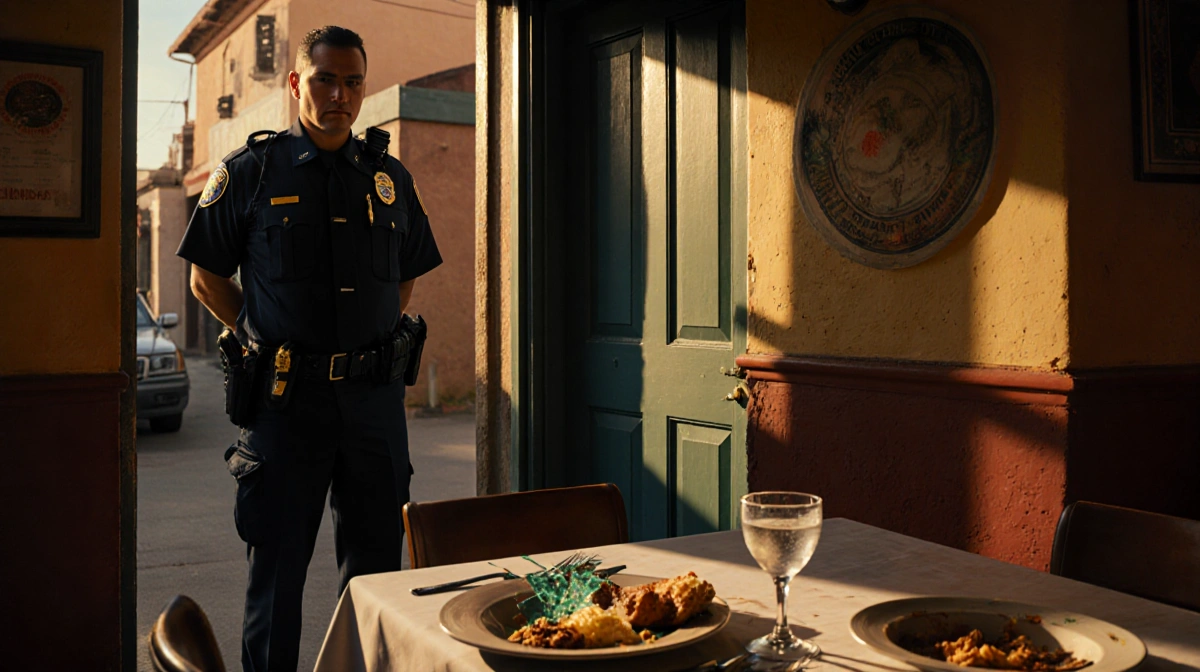 ICE agent stands outside closed restaurant with shattered glass and abandoned meal on table