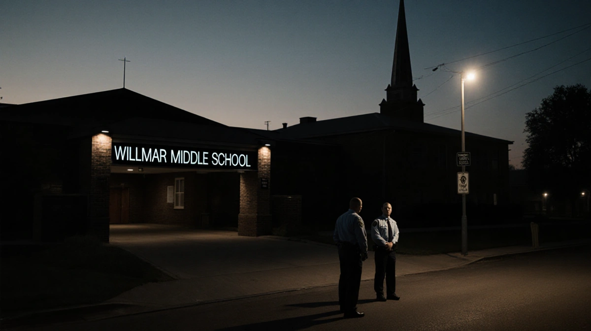 Two ICE agents standing near Willmar Middle School entrance with church steeple rising behind them and streetlight casting sh
