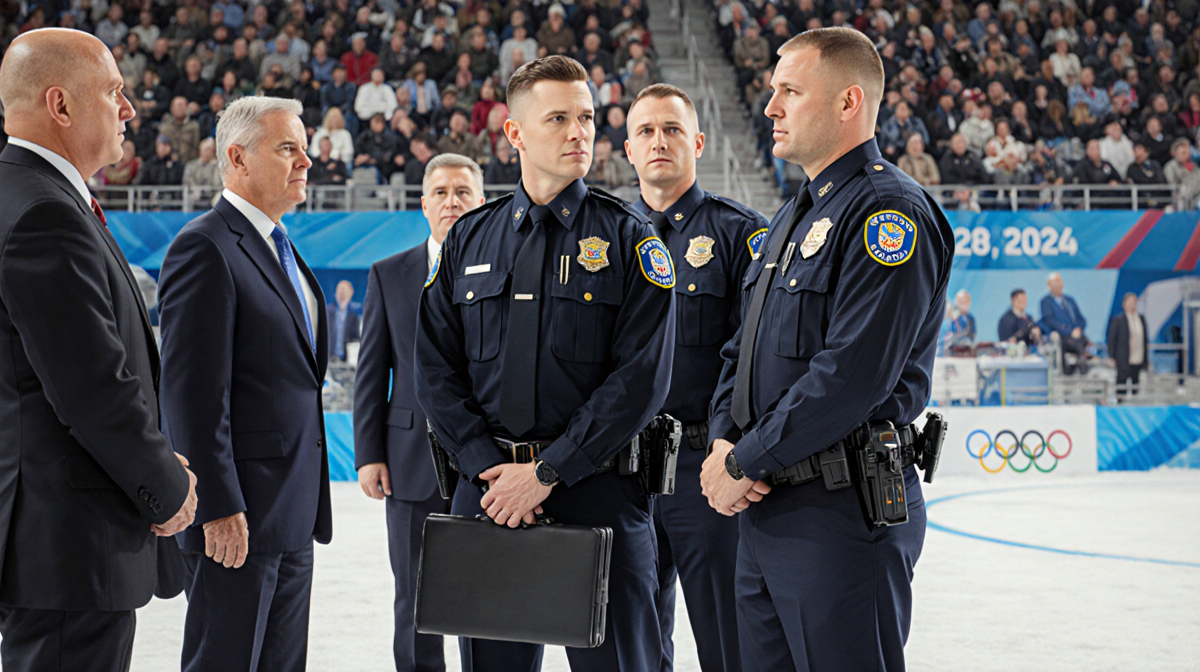 ICE agents standing with U.S. security and holding radios with eye contact to officials in blurred crowd at Winter Olympics