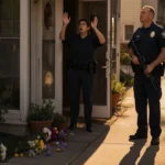 Stunned neighbor stands with hands raised as ICE officer holds rifle in doorway with afternoon sunlight casting shadows acros
