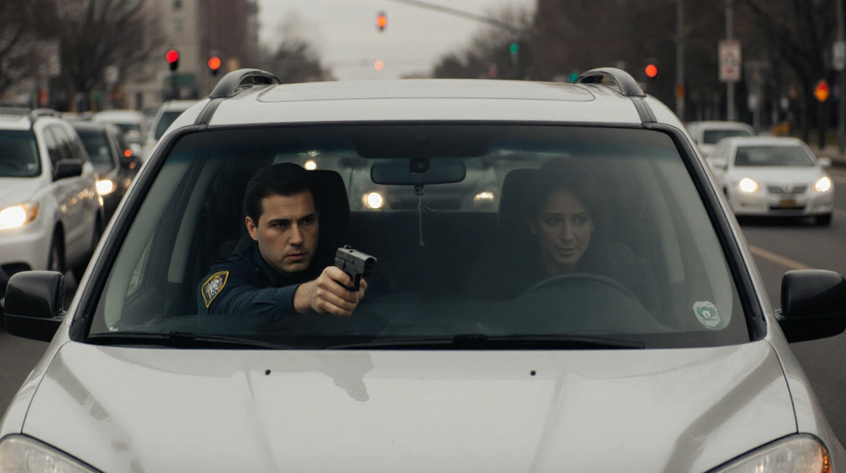 ICE agent pointing gun at Renee Good's Honda Pilot with traffic stopped behind her and blurred figure driving away