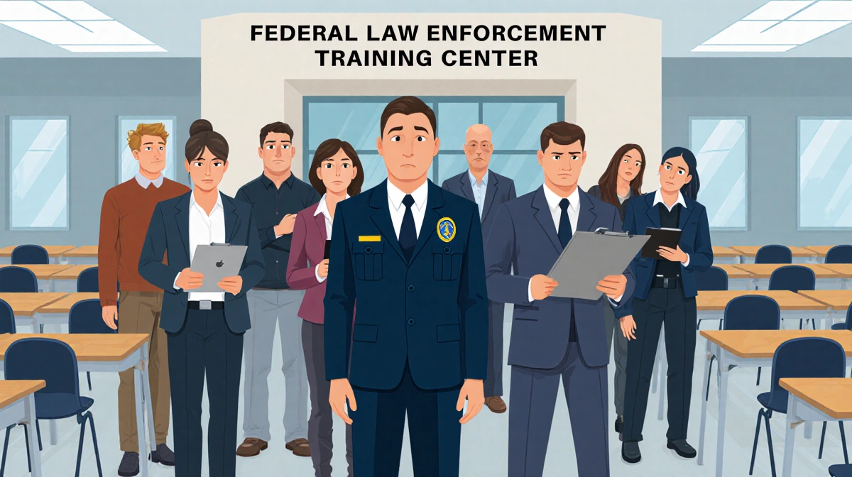 ICE recruits stand with confused expressions and clipboards while an official addresses them at the Federal Law Enforcement T