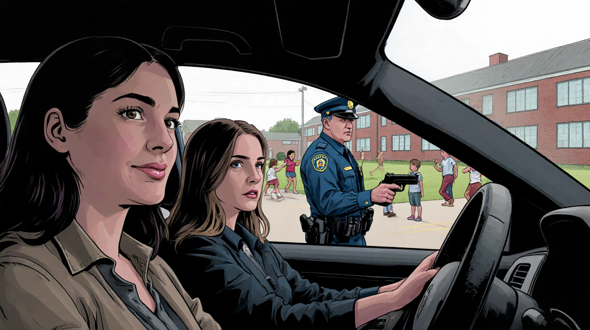 Renee Good driving with wife Becca as ICE officer Jonathan Ross points gun near school with children visible