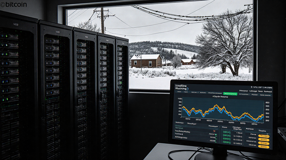 Server screen showing Bitcoin mining dashboard with falling hash rate and snowy Texas hills outside window.