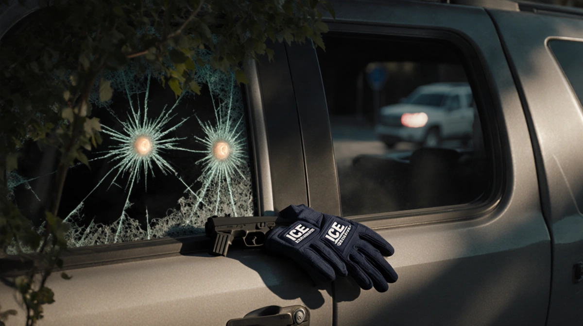 Shattered SUV window shows bullet holes with ICE gloves and holstered firearm lying on ground