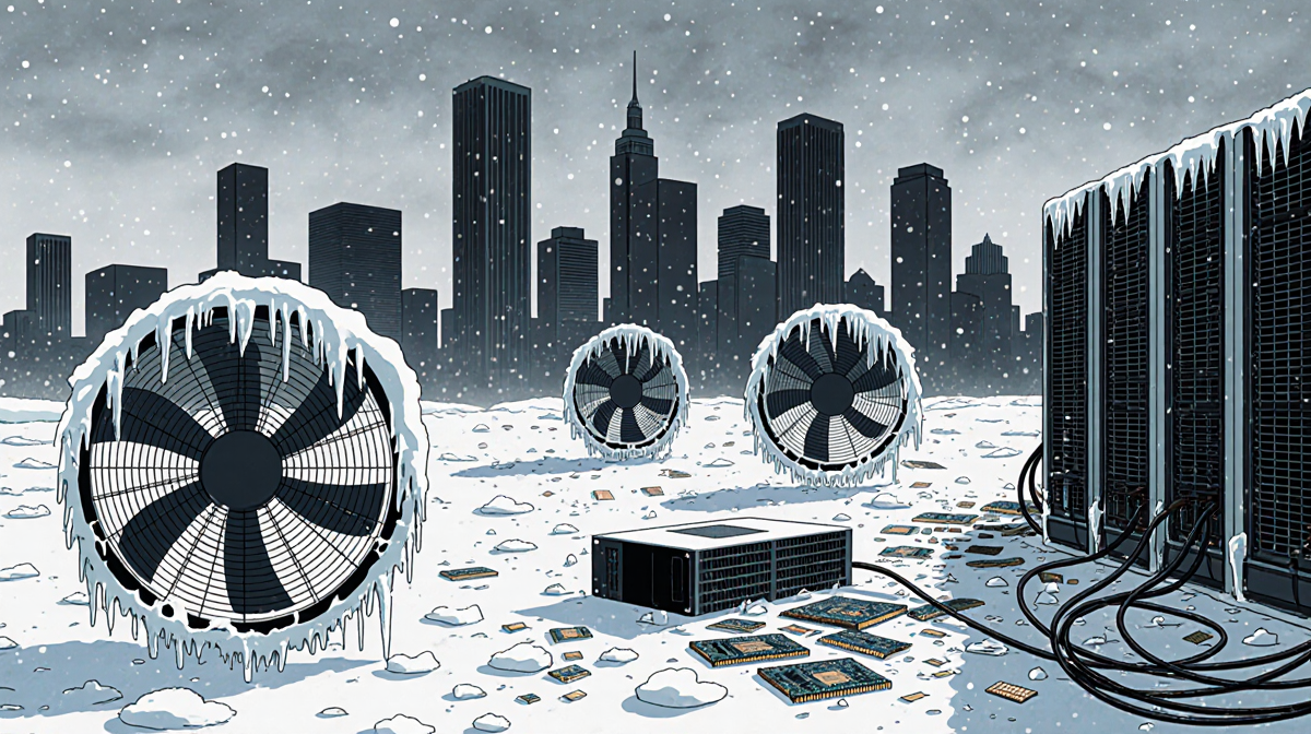 Frozen industrial fans hovering over shattered mining equipment and cables with Bitcoin rigs and skyscrapers in icy Texas.