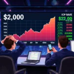 Traders reacting to ICP crypto price surge with screens showing $2 billion market cap and city skyline