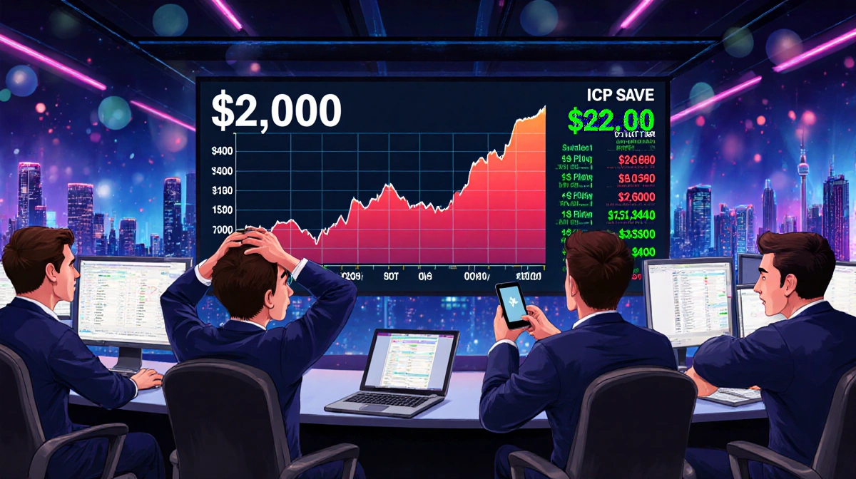 Traders reacting to ICP crypto price surge with screens showing $2 billion market cap and city skyline