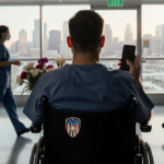 Alex Pretti an ICU nurse holding a phone and bouquet with warm glow behind him in a blurred Minneapolis hospital scene