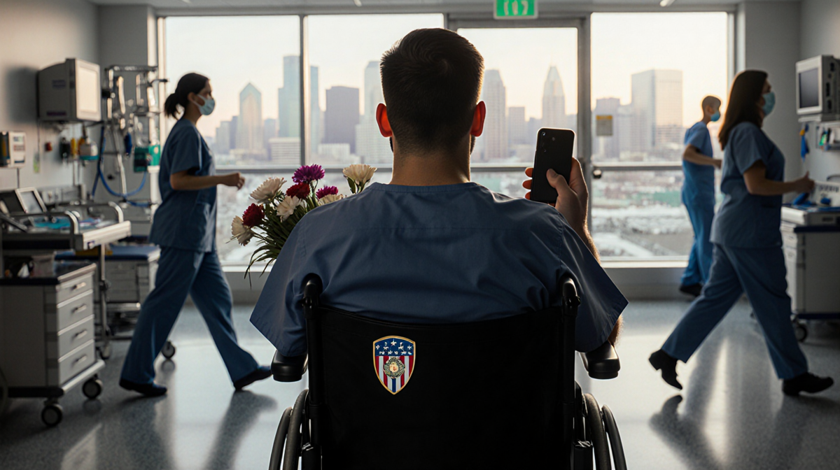 Alex Pretti an ICU nurse holding a phone and bouquet with warm glow behind him in a blurred Minneapolis hospital scene