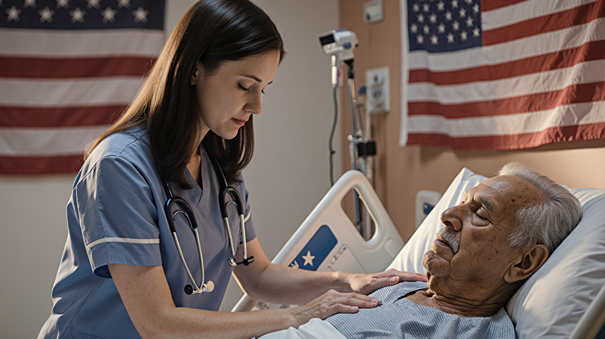 ICU nurse places a gentle hand on veteran's shoulder with flag backdrop and warm lighting