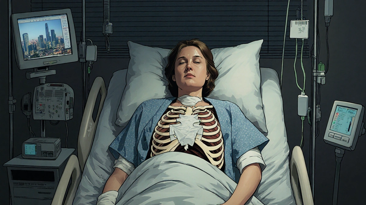 Woman lying in hospital bed recovering with IV tubes and cracked ribs visible under gauze