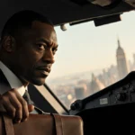 Idris Elba stands confidently at aircraft control panel with leather briefcase and city skyline through window