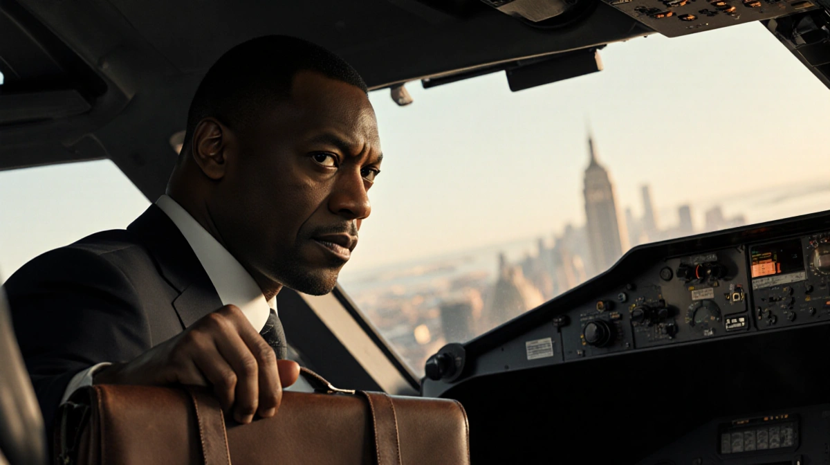 Idris Elba stands confidently at aircraft control panel with leather briefcase and city skyline through window