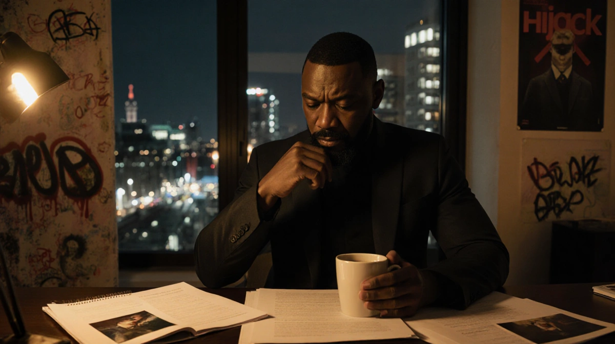 Idris Elba sits thoughtfully with coffee while Berlin cityscape and production notes fill his office