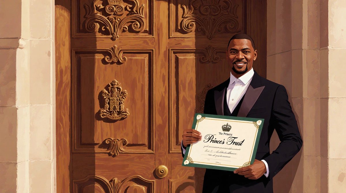 Idris Elba holding a certificate while standing in front of an ornate wooden door with The Prince's Trust crest