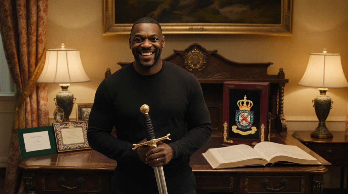 Idris Elba smiling warmly while holding the Royal Sword with royal awards and leather book on wooden desk