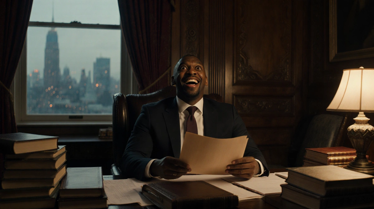 Idris Elba stares at folder with shocked expression and city skyline visible through window