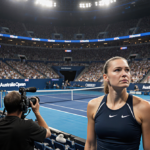 Iga Świątek standing on Australian Open tennis court with gaze amid media cameras filming her and stadium lights