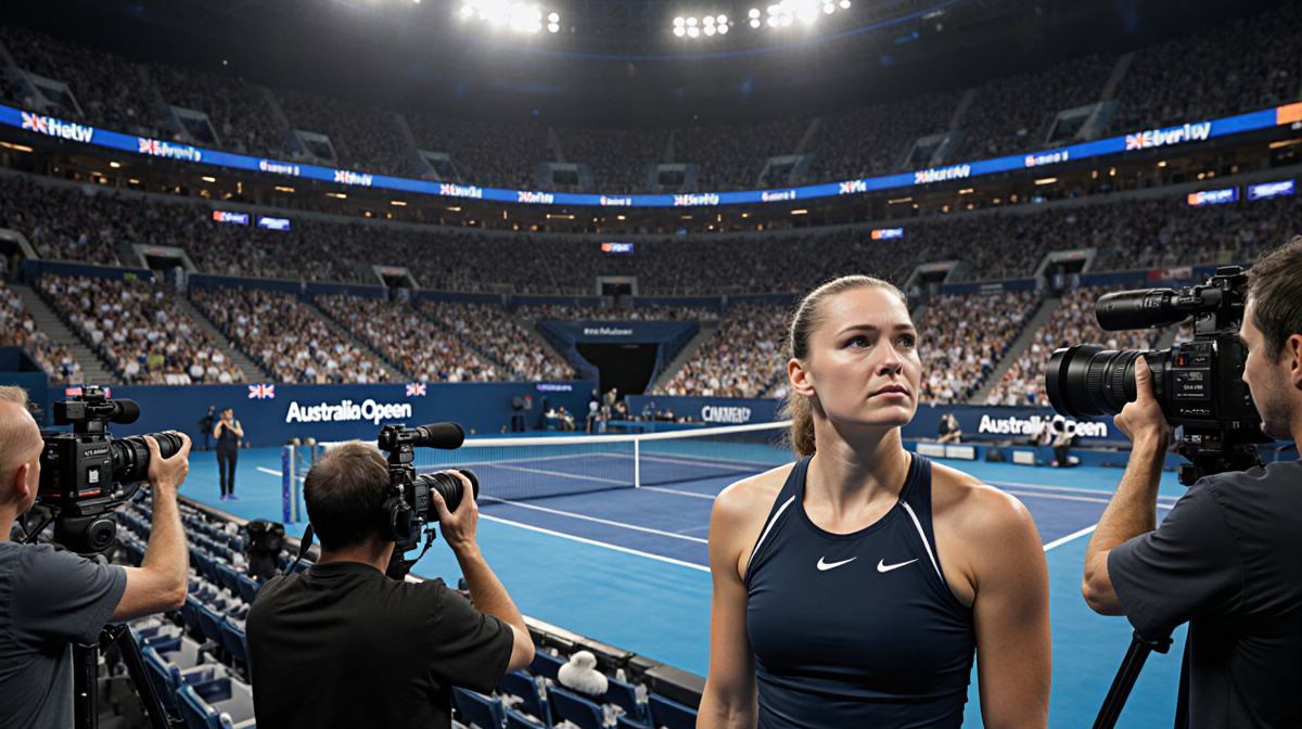 Iga Świątek standing on Australian Open tennis court with gaze amid media cameras filming her and stadium lights