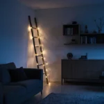 Modern living room with IKEA furniture and smart LED lights casting warm glow on minimalist shelves