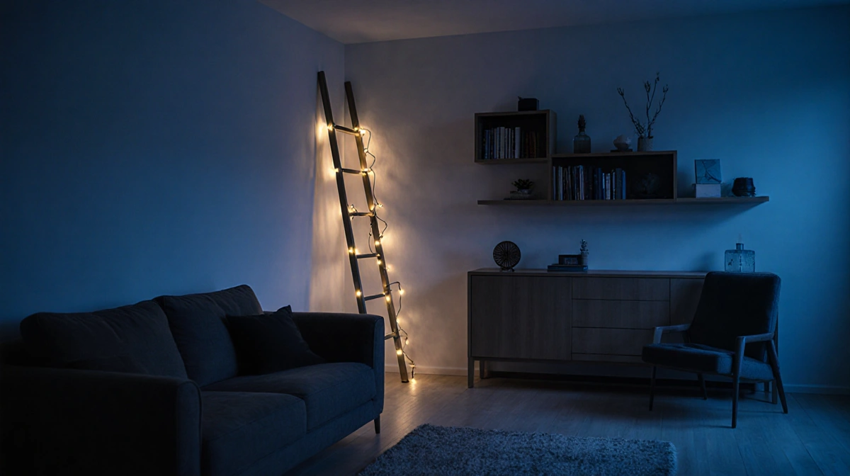 Modern living room with IKEA furniture and smart LED lights casting warm glow on minimalist shelves