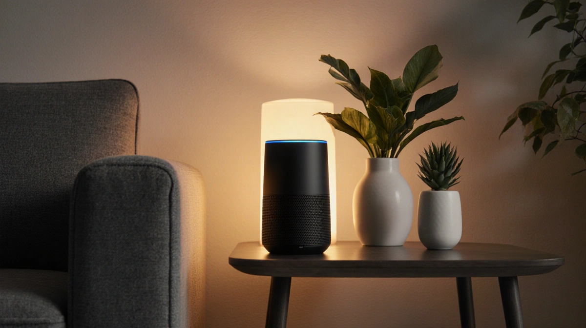 IKEA smart speaker sits on minimalist coffee table with warm lighting and plants creating cozy atmosphere