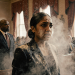Rep. Ilhan Omar standing in shock with a cloud of white powder covering her and a distant town hall audience in golden light.
