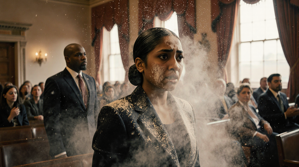 Rep. Ilhan Omar standing in shock with a cloud of white powder covering her and a distant town hall audience in golden light.