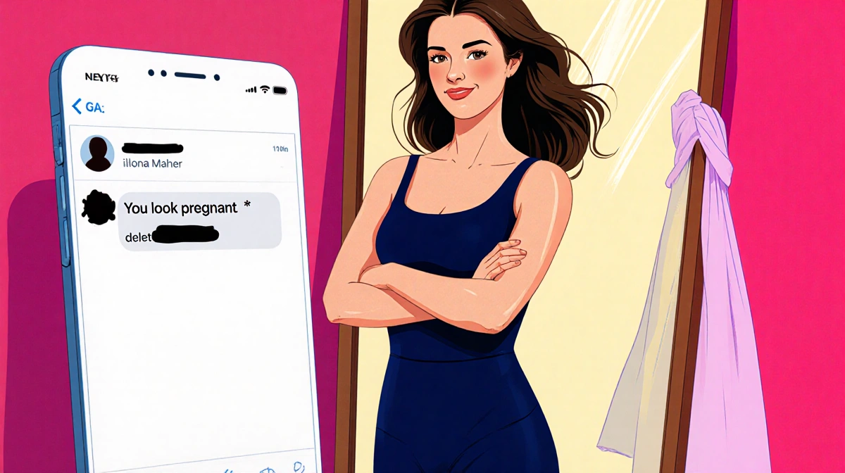 Ilona Maher stands confidently with arms crossed and a smirk while her tight dress catches on her stomach and a blurred phone