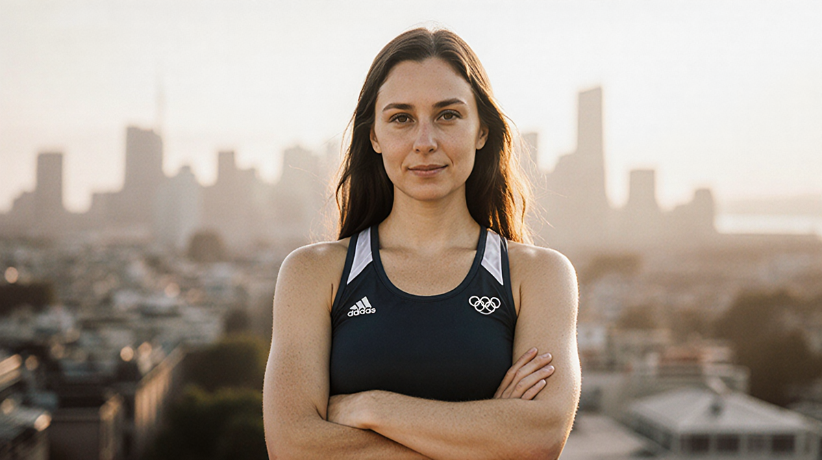 Ilona Maher standing with arms crossed looking at camera with subtle sports jersey and blurred city skyline background