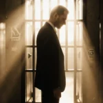 Ilya Lichtenstein standing with gaze down at an ajar prison cell door with golden sunlight and a faint Bitfinex logo behind.