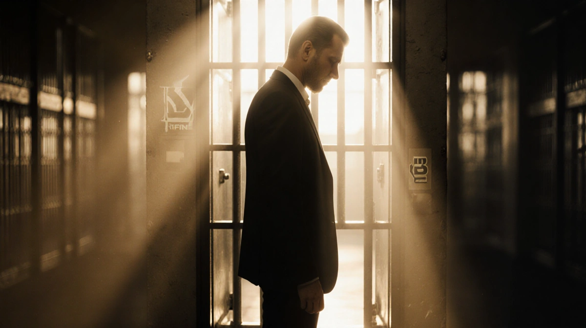 Ilya Lichtenstein standing with gaze down at an ajar prison cell door with golden sunlight and a faint Bitfinex logo behind.