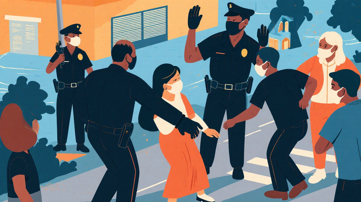 Diverse group of immigrants standing together with protest signs and community support near urban building