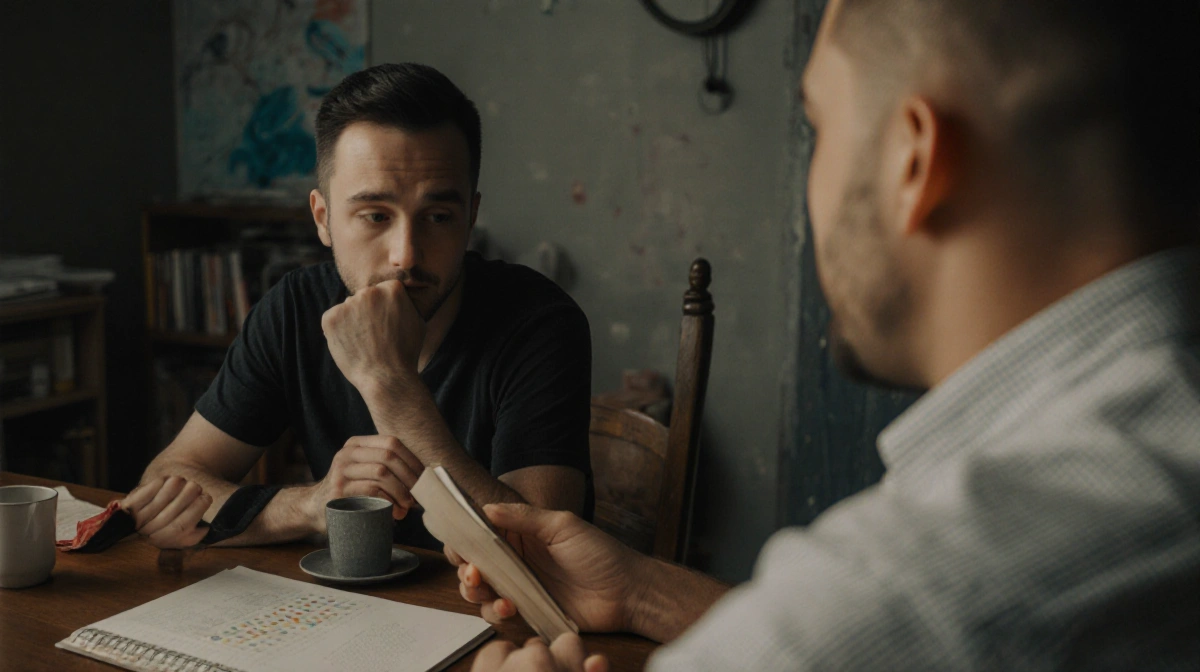 Person reading error message on screen with confused expression and question mark icon