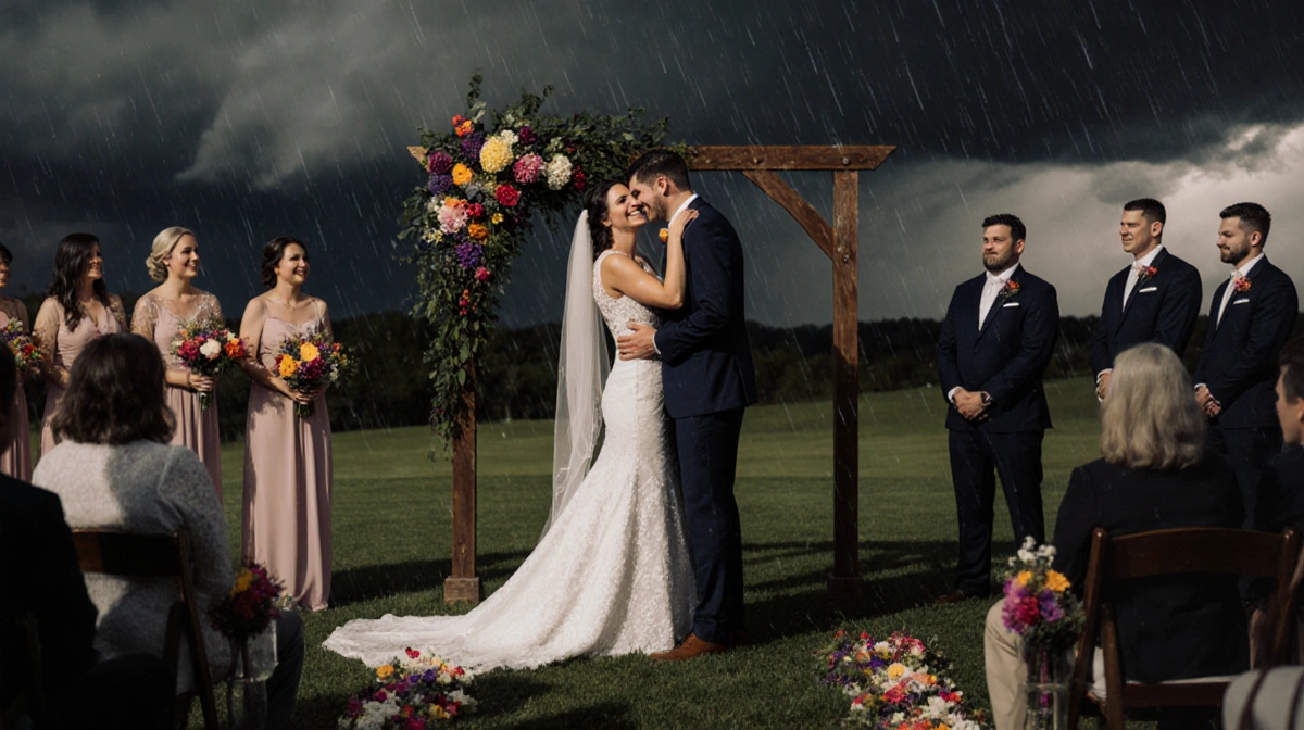Couple’s Sunny Wedding Hit by Surprise Storm-Guests Cheer Through Soaked Vows