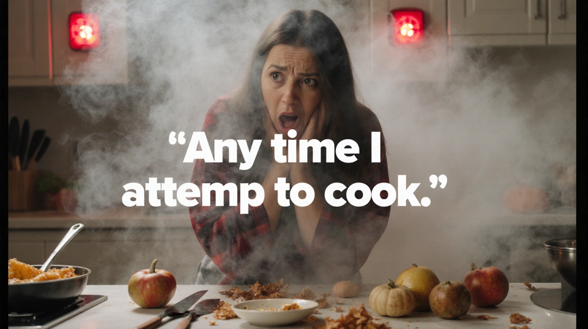 Kristy Scott looking frazzled in smoky kitchen with scattered utensils and 