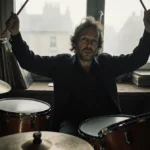 Create an evocative portrait of Kenny Morris, drummer for Siouxsie and the Banshees, in a dimly lit 1970s music studio. Captu