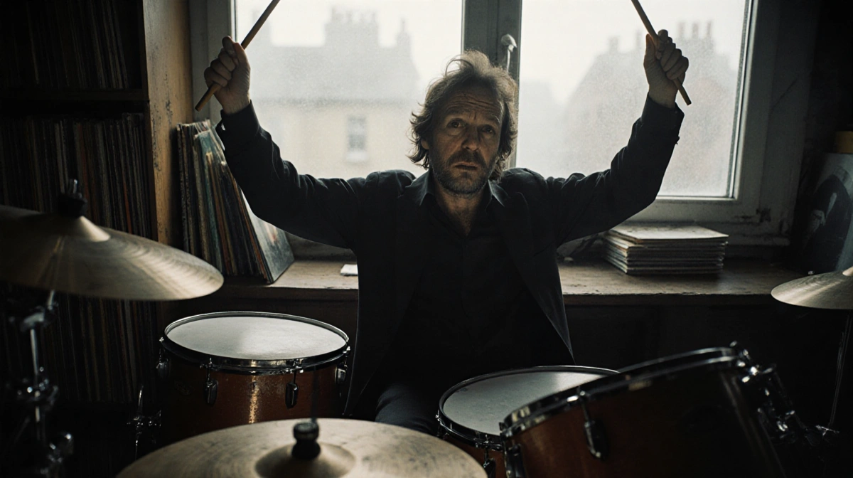 Create an evocative portrait of Kenny Morris, drummer for Siouxsie and the Banshees, in a dimly lit 1970s music studio. Captu