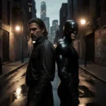 Dark alleyway at dusk. A rugged, weathered figure (the returning hero) stands back-to-back with a sleek, high-tech henchman,