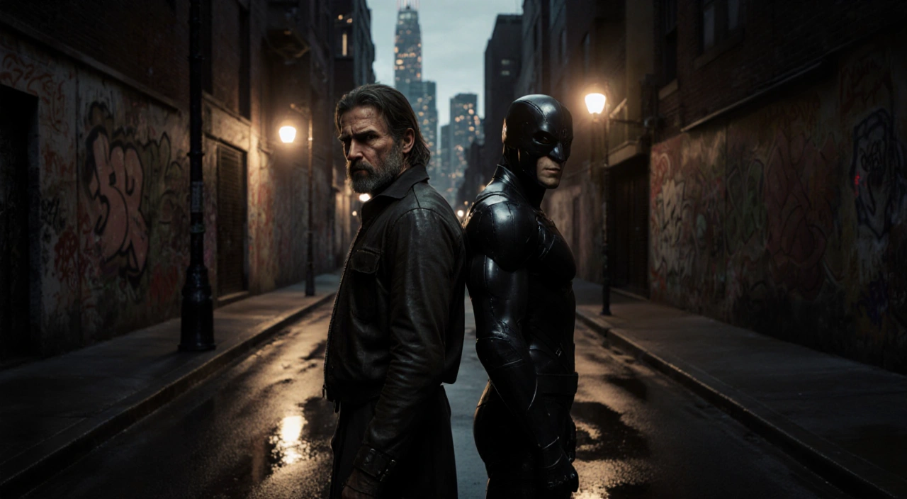 Dark alleyway at dusk. A rugged, weathered figure (the returning hero) stands back-to-back with a sleek, high-tech henchman,