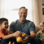 Portrait of Wayne Brady with a warm smile, looking directly at the camera, surrounded by his two children playing with him on