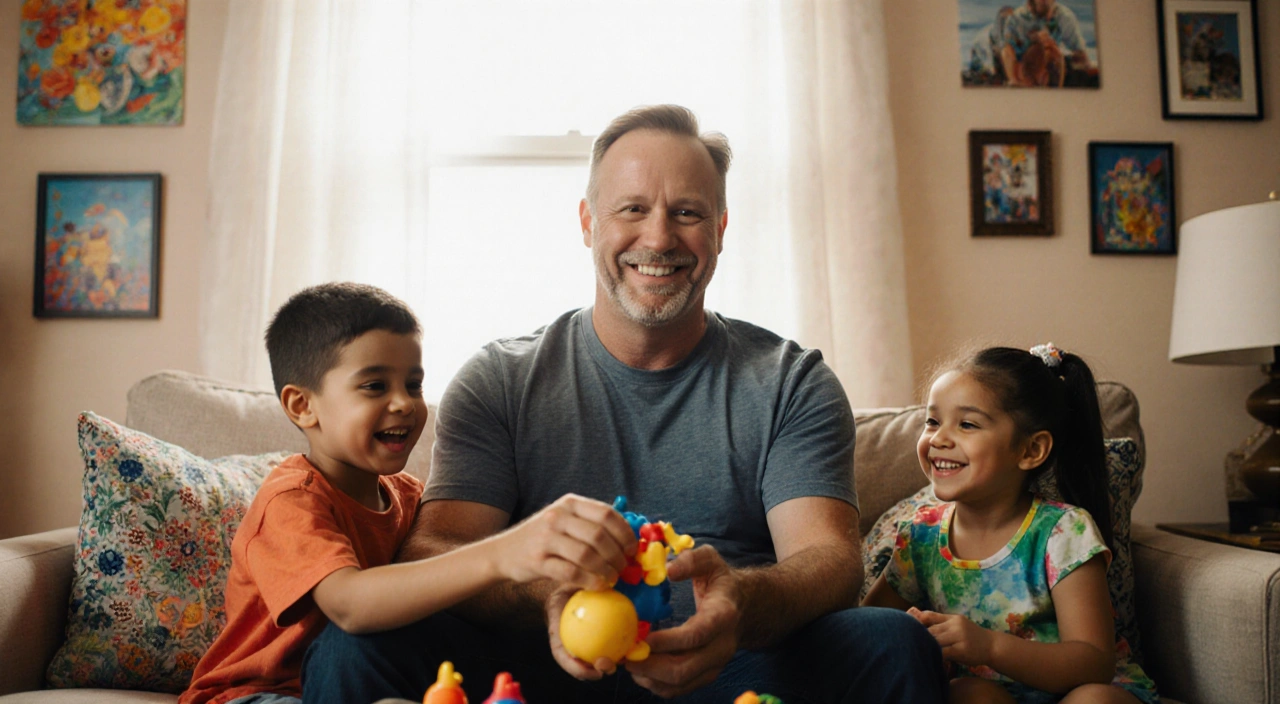 Portrait of Wayne Brady with a warm smile, looking directly at the camera, surrounded by his two children playing with him on