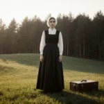 Capture a hauntingly beautiful photograph of a young woman (17 years old) standing alone at the edge of a rolling, green mead