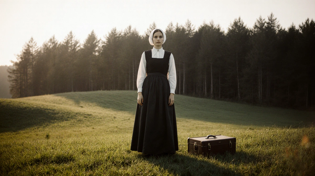 Capture a hauntingly beautiful photograph of a young woman (17 years old) standing alone at the edge of a rolling, green mead