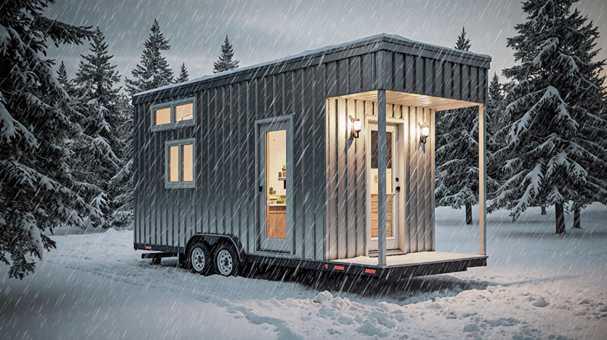 Steel-framed tiny home showing strong framing with pre-wired electrical and plumbing highlighted by dynamic lighting